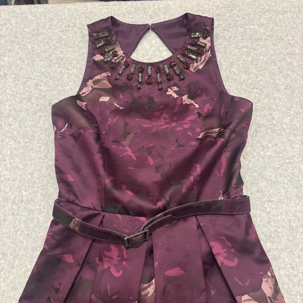 Eliza J Plum Purple Floral Jacquard Beaded Neck Fit and Flare Dress Size 2 - Picture 6 of 14